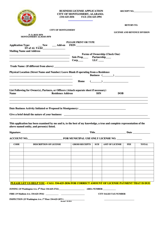 Business License Application Form - Cuty Of Montgomery - Alabama Printable pdf