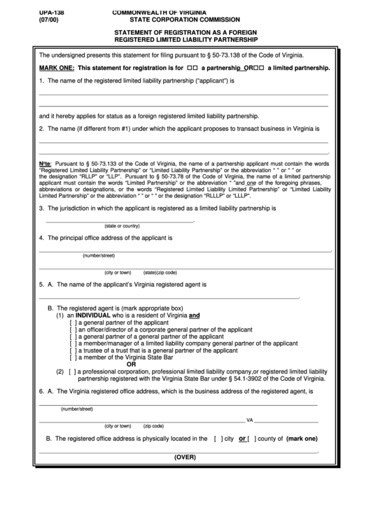 Form Upa-138 - Statement Of Registration As A Foreign Registered Limited Liability Partnership - Virginia Printable pdf