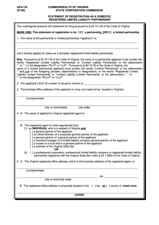 Form Upa-132 - Statement Of Registration As A Domestic Registered Limited Liability Partnership Printable pdf