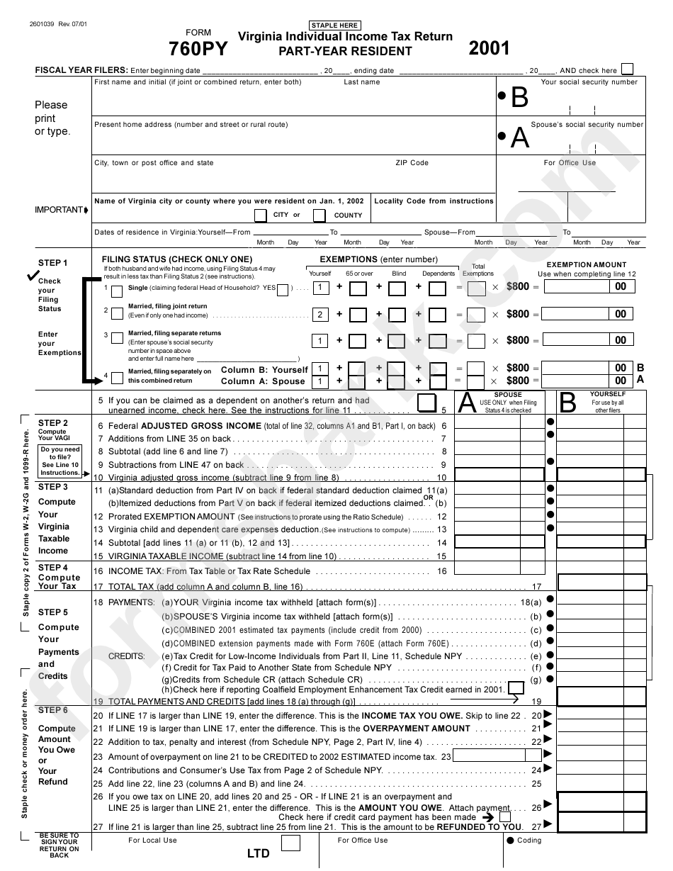 Form 760py - Virginia Individual Income Tax Return Part-Year Resident - 2001