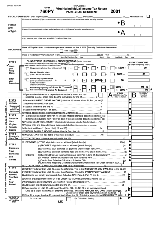 Form 760py - Virginia Individual Income Tax Return Part-Year Resident - 2001 Printable pdf