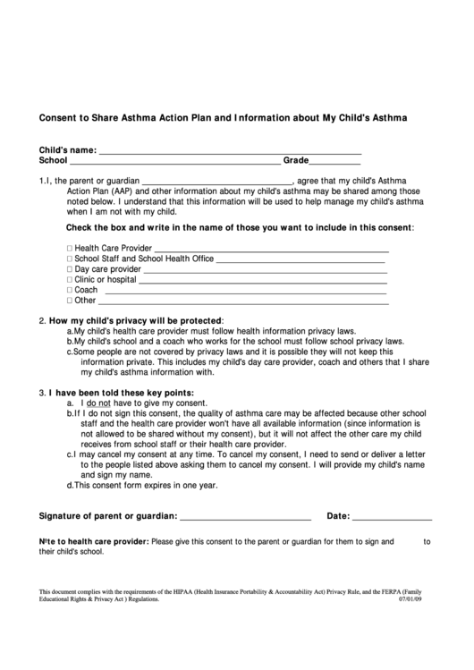 Consent To Share Asthma Action Plan And Information About My Child