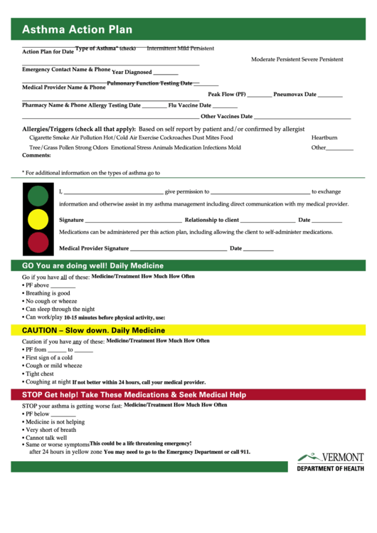 Fillable Asthma Action Plan Template - Vermont Department Of Health Printable pdf