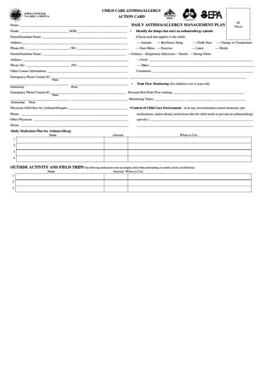 Child Care Asthma Action/management Plan Template Printable pdf