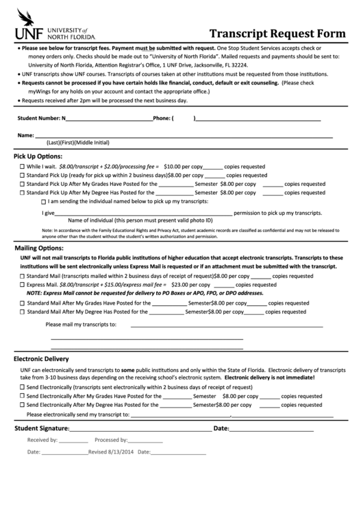Transcript Request Form - University Of North Florida Printable pdf