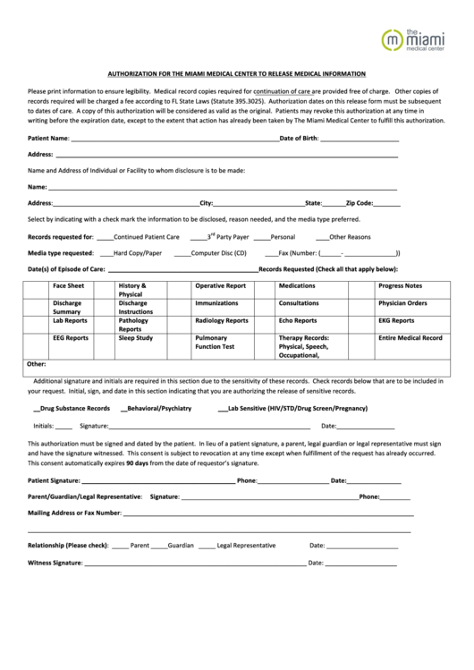 Authorization For The Miami Medical Center To Release Medical Information Form Printable pdf