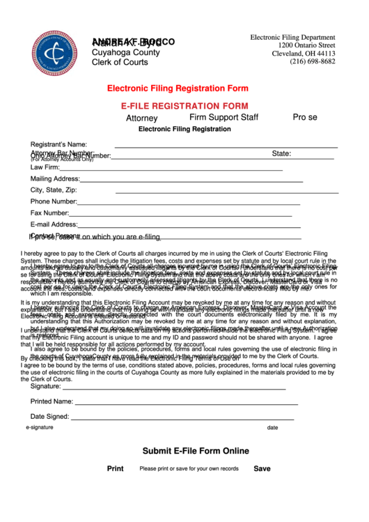 Fillable Electronic Filing Registration Form - Andrea F. Rocco Cuyahoga County Printable pdf