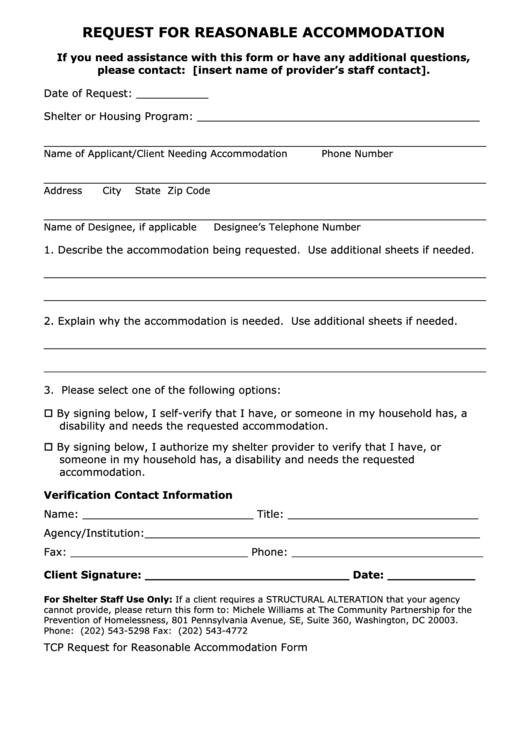 Request For Reasonable Accommodation Form - Dc Department Of Human Services Printable pdf