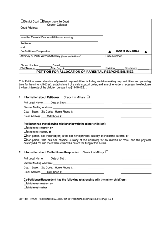 Fillable Form Jdf 1413 - Petition For Allocation Of Parental Responsibilities Printable pdf