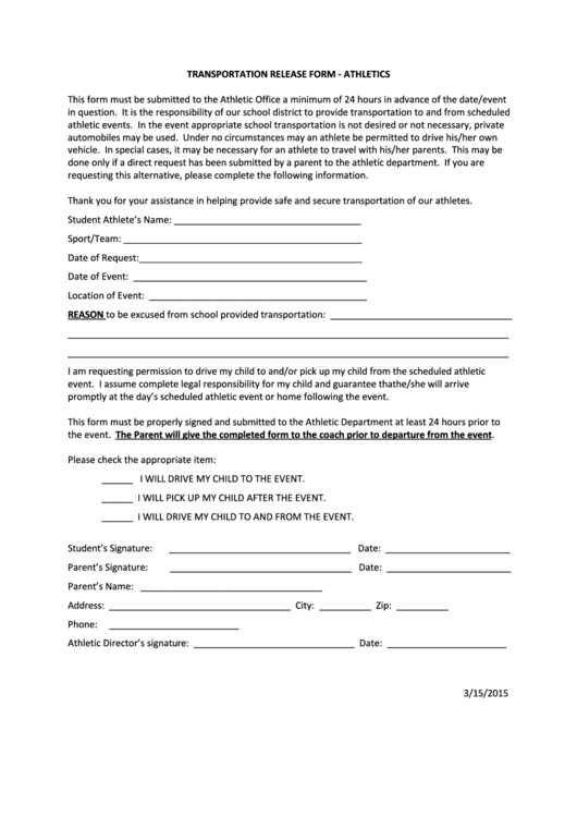 Transportation Release Form printable pdf download