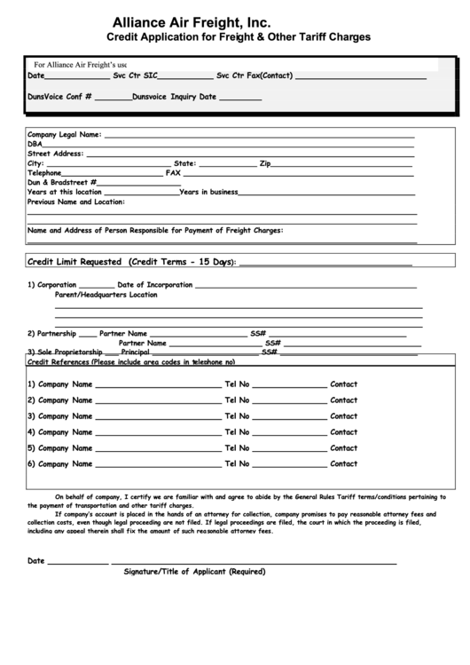 Credit Application For Freight / Other Tariff Charges Form Printable pdf