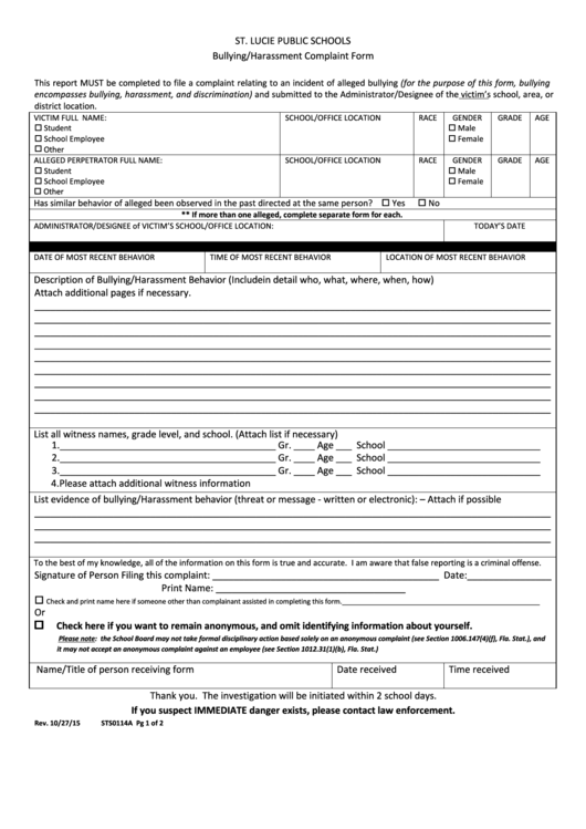 Form Sts0114a - Bullying/harassment Complaint Form Printable pdf