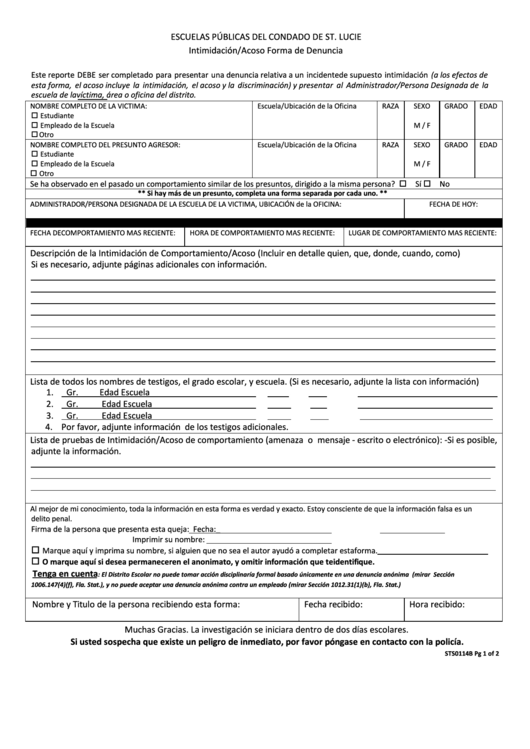 Form Sts0114b - Intimidacion/acoso Forma De Denuncia - Spanish Printable pdf