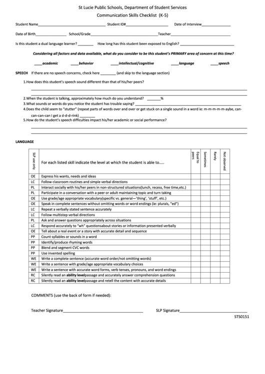 Communication Skills Checklist (K-5) Template Printable pdf