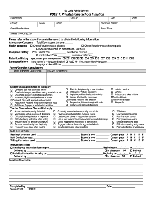 Form Sts0129 Pset 1: Private/home School Initiation Printable pdf
