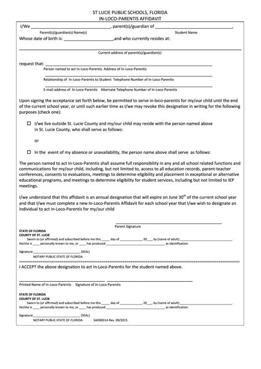 In-Loco-Parentis Affidavit Form Printable pdf