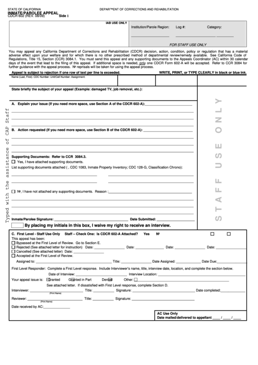 Form Cdcr 602 Inmate/parolee Appeal California printable pdf download