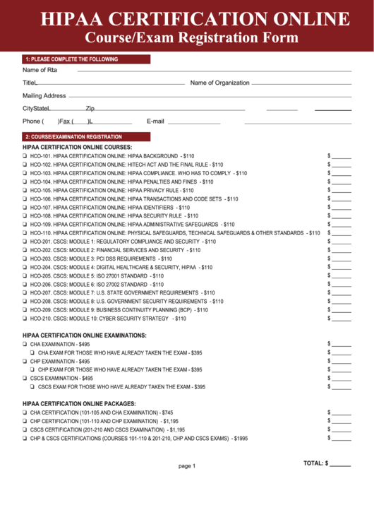 Hipaa Certification Online - Course/exam Registration Form Printable pdf