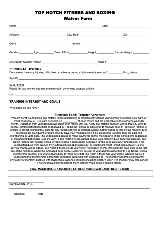 Fillable Fitness Waiver Form Printable pdf