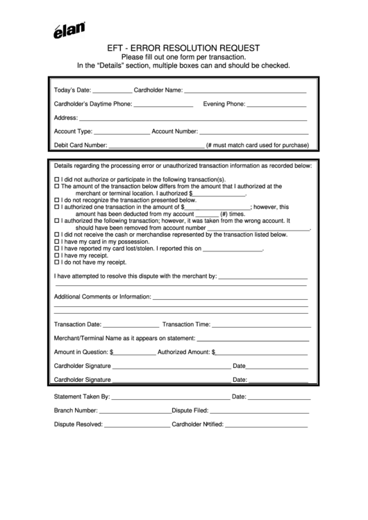 Error Resolution Request Form Printable pdf