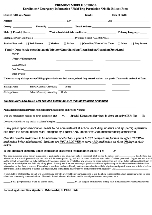 Enrollment / Emergency Information / Field Trip Permission / Media Release Form Printable pdf