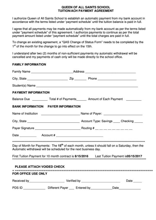 Tuition/ach Payment Agreement Form Printable pdf