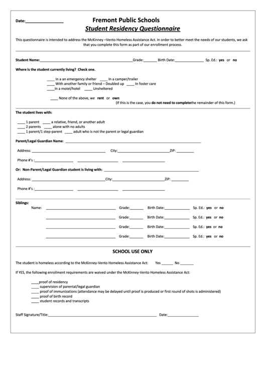 Student Residency Questionaire Template Printable pdf