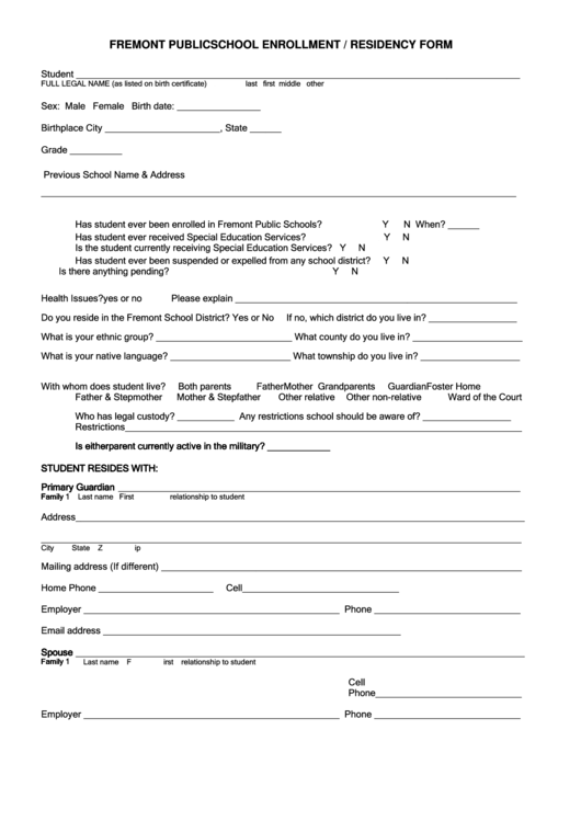 School Enrollment / Residency Form Printable pdf