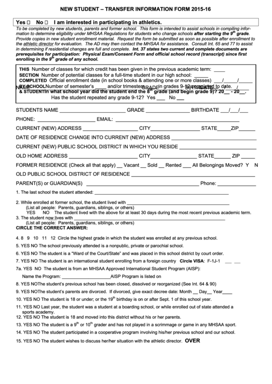 New Student - Transfer Information Form Printable pdf