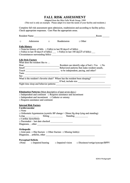 Fall Risk Assessmentform Printable pdf