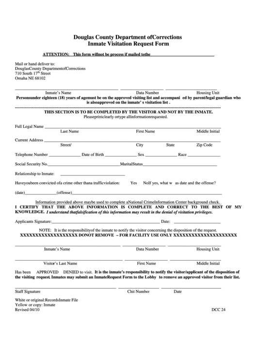 Fillable Inmate Visitation Request Form Printable pdf