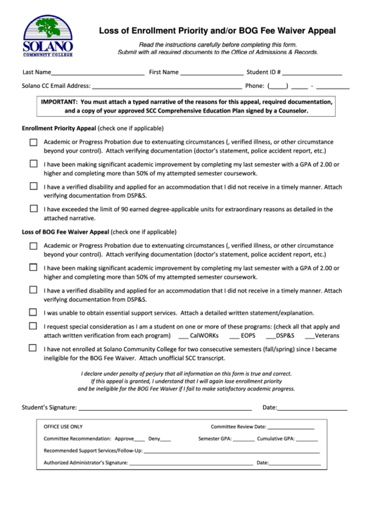 Loss Of Enrollment Priority/ Bog Fee Waiver Appeal Form Printable pdf