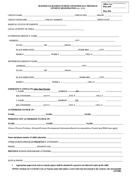 Extended Day Registration Form Printable pdf