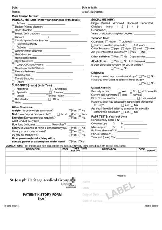 Form Yp-0878 Medical History Form Printable pdf