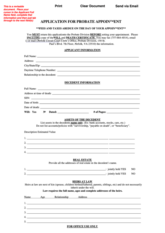 Fillable Application For Probate Appointment Form - Norfolk Circuit Court Printable pdf