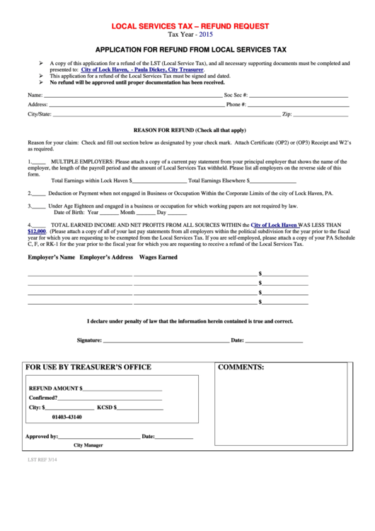 Application For Refund From Local Services Tax Form - City Of Lock Haven Printable pdf