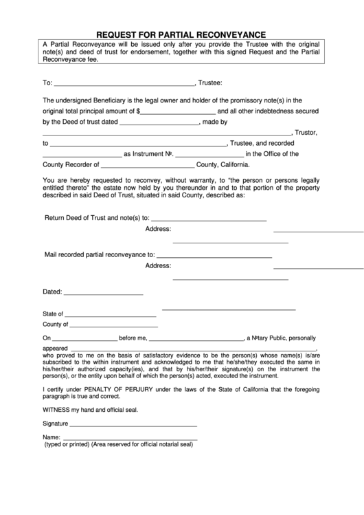 Fillable Request For Partial Reconveyance Form - State Of California Printable pdf