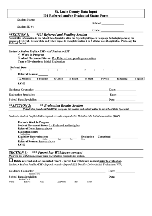 Form Xed0202 - I01 Referred And/or Evaluated Status Form - St. Lucie County Data Input Printable pdf