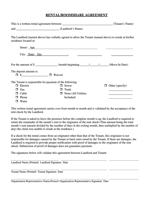 Rental/roomshare Agreement Template - Fillable