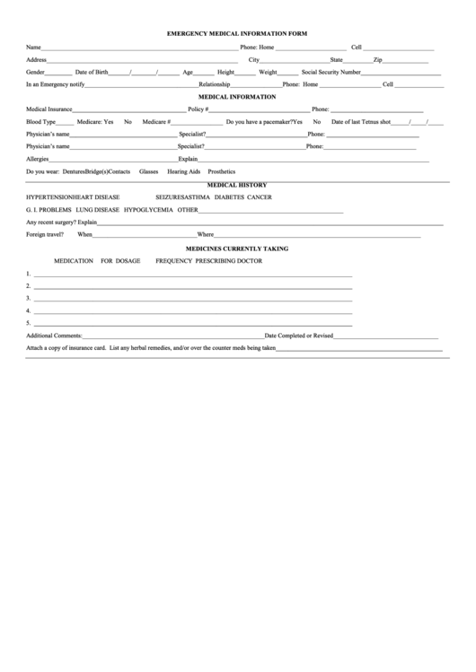Fillable Emergency Medical Information Form Printable pdf