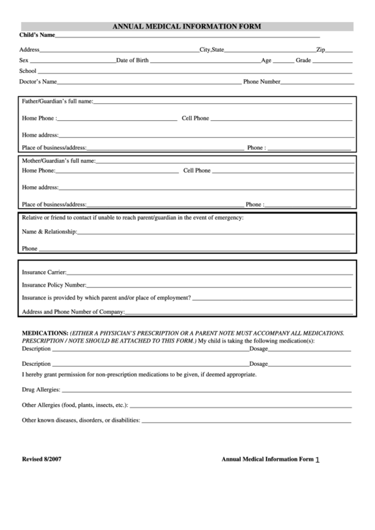 Annual Medical Information Form Printable pdf