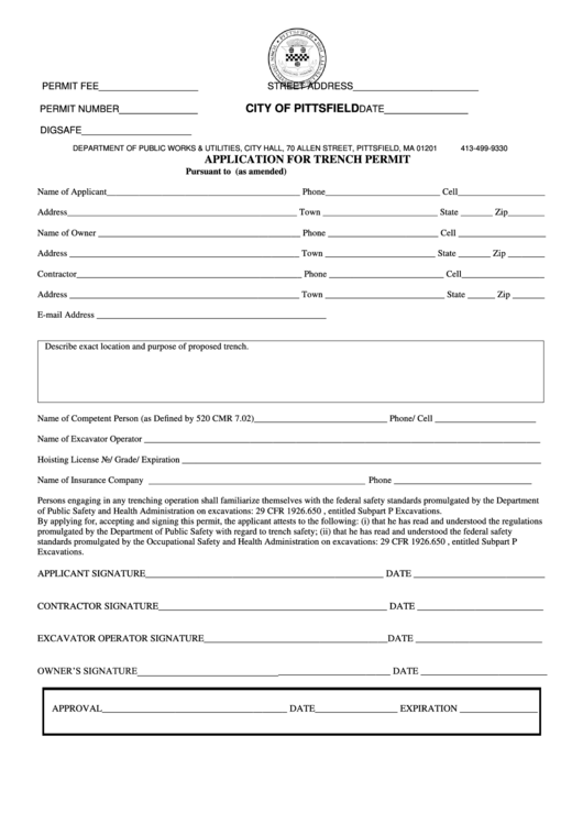 Trench Permit Application Form - City Of Pittsfield Printable pdf