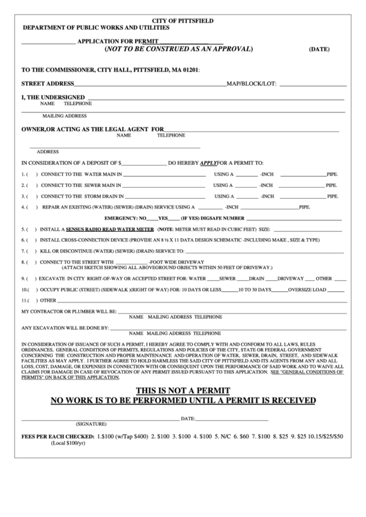 Permit Application Form - City Of Pittsfield Department Of Public Works And Utilities Printable pdf
