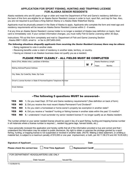 Application For Sport Fishing, Hunting And Trapping License Form For Alaska Senior Residents Printable pdf