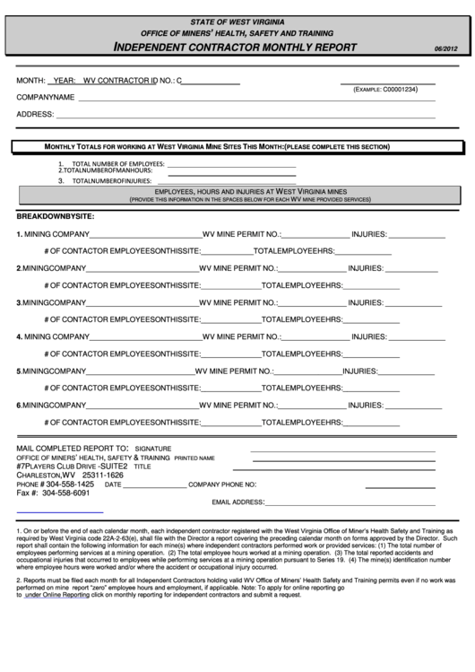 Ndependent Contractor Monthly Report Form - West Virginia Office Of Miners