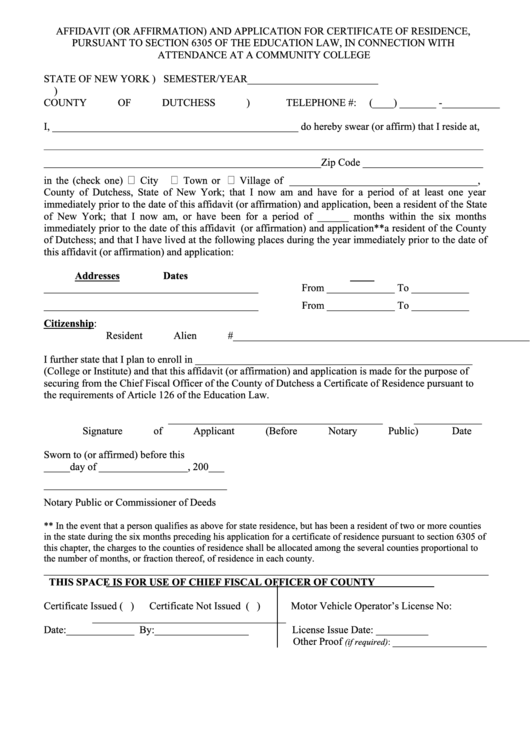 Affidavit (Or Affirmation) And Application For Certificate Of Residence Form - Dutchess County, New York Printable pdf