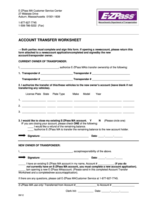Account Transfer Worksheet - Massachusetts Department Of Transportation Printable pdf