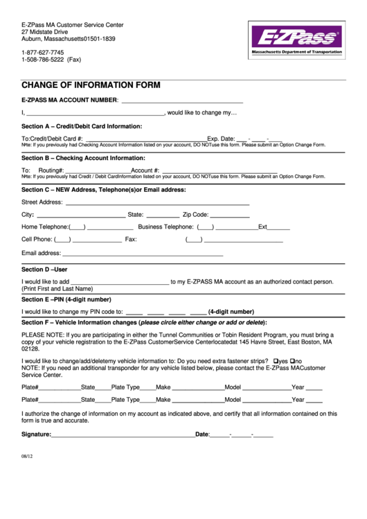 Change Of Information Form - Massachusetts Department Of Transportation Printable pdf