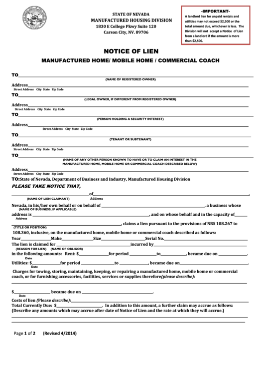 Fillable Notice Of Lien - Manufactured Home/ Mobile Home / Commercial Coach - Nevada Manufactured Housing Division Printable pdf