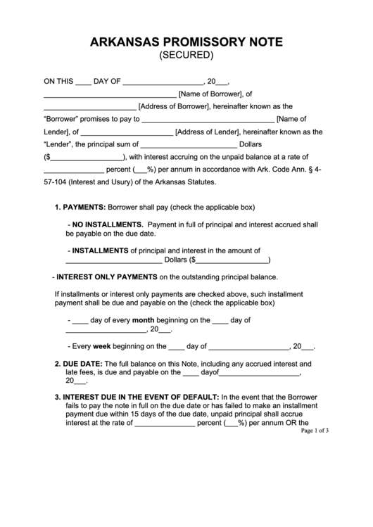 Fillable Arkansas Promissory Note Form Printable pdf